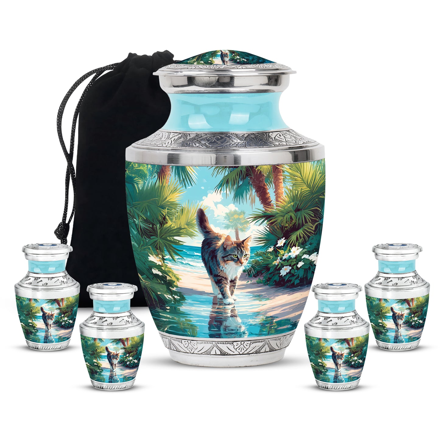 Aqua Teal Cat Cremation Urn lifestyle display on memorial shelf - artistic cat interpretation with creative detail - memorial set with one large and four small urns