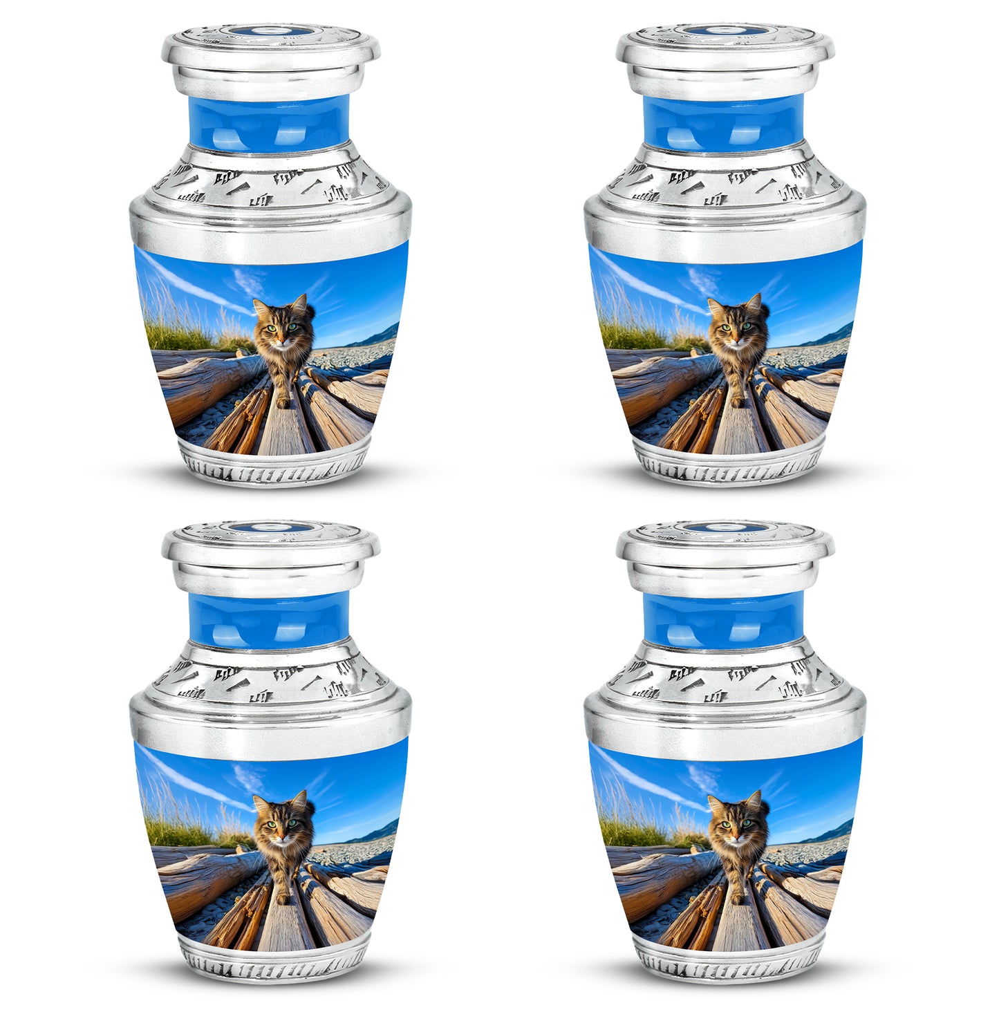 Dusty Blue Cat Cremation Urn back view with polished surface - contemporary cat design with modern artistic flair - 10 inch aluminum urn for cremated remains