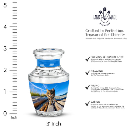 Navy Blue Cat Cremation Urn top-down view of secure threaded lid - modern art-inspired cat motif on sleek aluminum - mini keepsake memorial for portion of cremation ashes