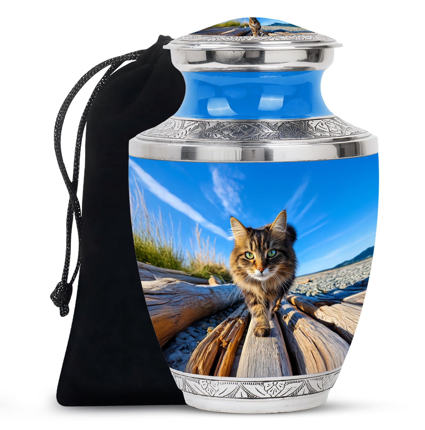 Twilight Blue Cat Cremation Urn side profile showing urn shape - artistic cat interpretation with creative detail - full-size 10 inch 200 cubic inch adult cremation urn
