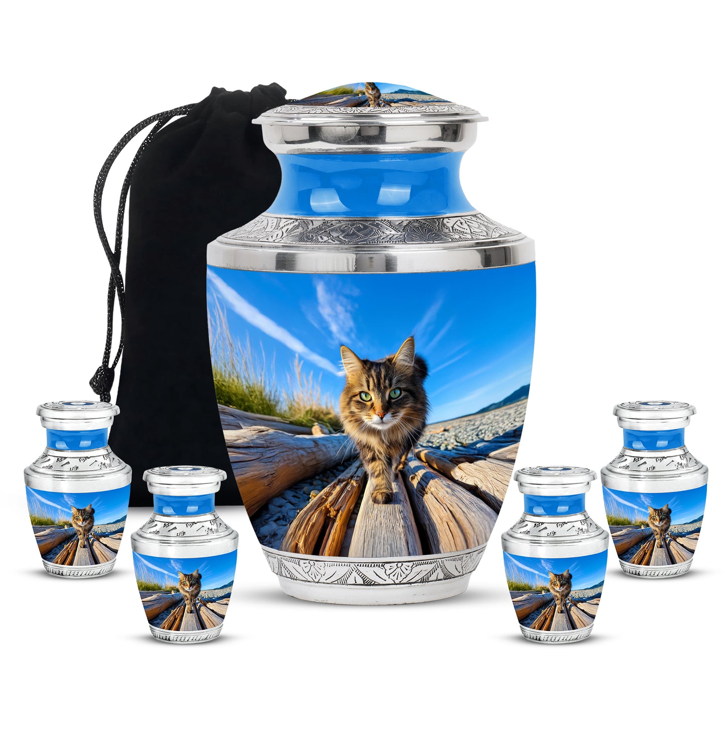 Cornflower Blue Cat Cremation Urn lifestyle display on memorial shelf - artistic cat interpretation with creative detail - memorial set with one large and four small urns