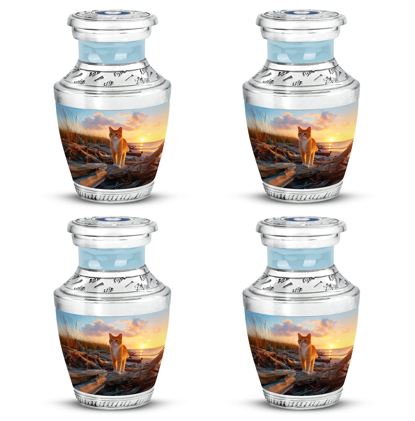Cornflower Blue Cat Cremation Urn back view with polished surface - stylized abstract cat pattern with bold lines - 10 inch aluminum urn for cremated remains