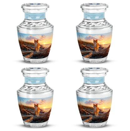 Cornflower Blue Cat Cremation Urn back view with polished surface - stylized abstract cat pattern with bold lines - 10 inch aluminum urn for cremated remains