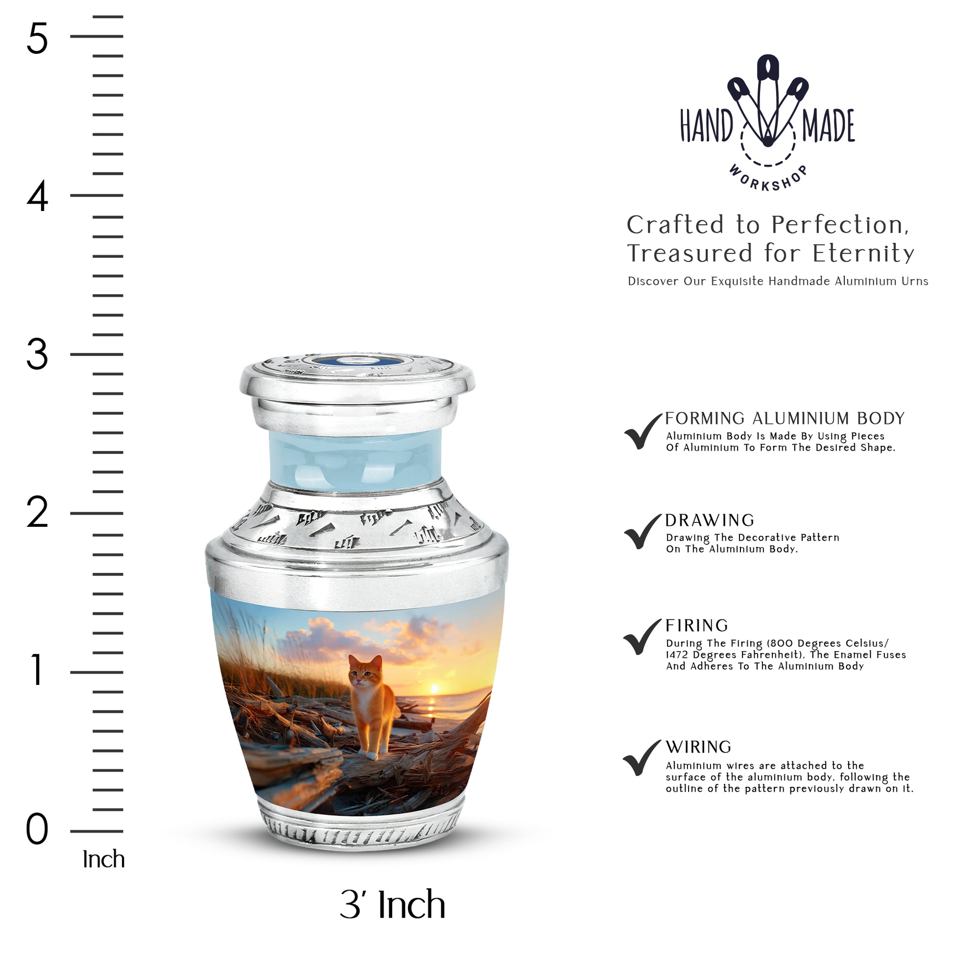 Royal Blue Cat Cremation Urn top-down view of secure threaded lid - artistic cat interpretation with creative detail - mini keepsake memorial for portion of cremation ashes