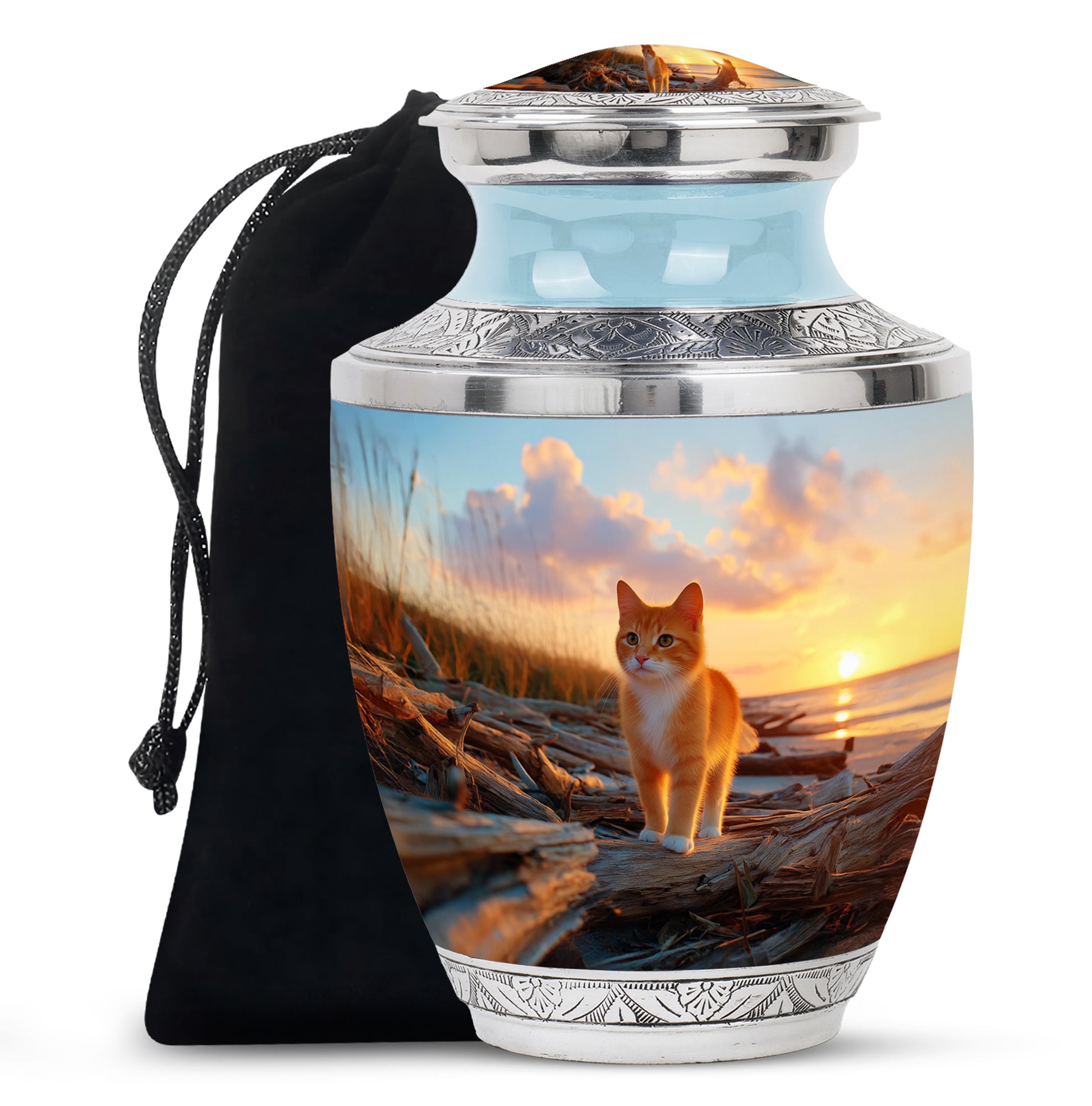 Indigo Cat Cremation Urn side profile showing urn shape - contemporary cat design with modern artistic flair - full-size 10 inch 200 cubic inch adult cremation urn