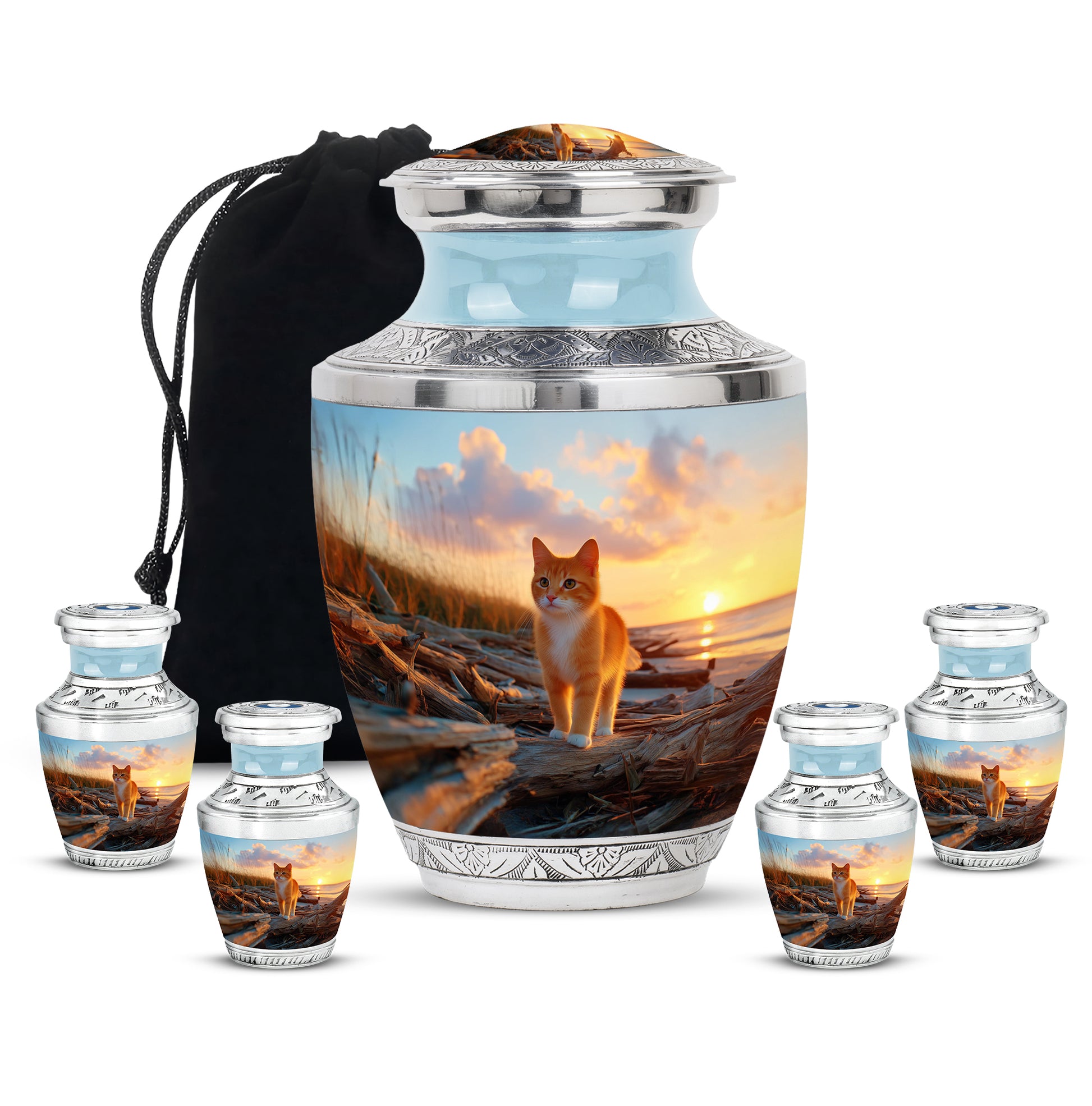 Bright Blue Cat Cremation Urn lifestyle display on memorial shelf - stylized abstract cat pattern with bold lines - memorial set with one large and four small urns