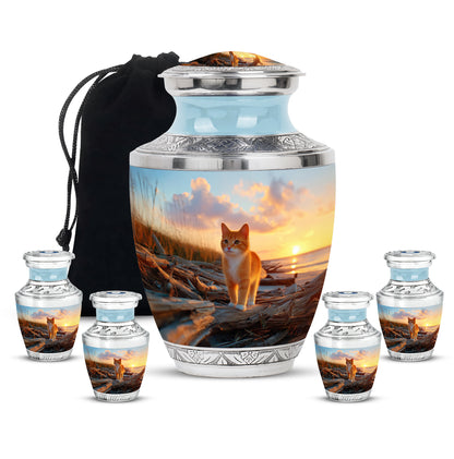Bright Blue Cat Cremation Urn lifestyle display on memorial shelf - stylized abstract cat pattern with bold lines - memorial set with one large and four small urns