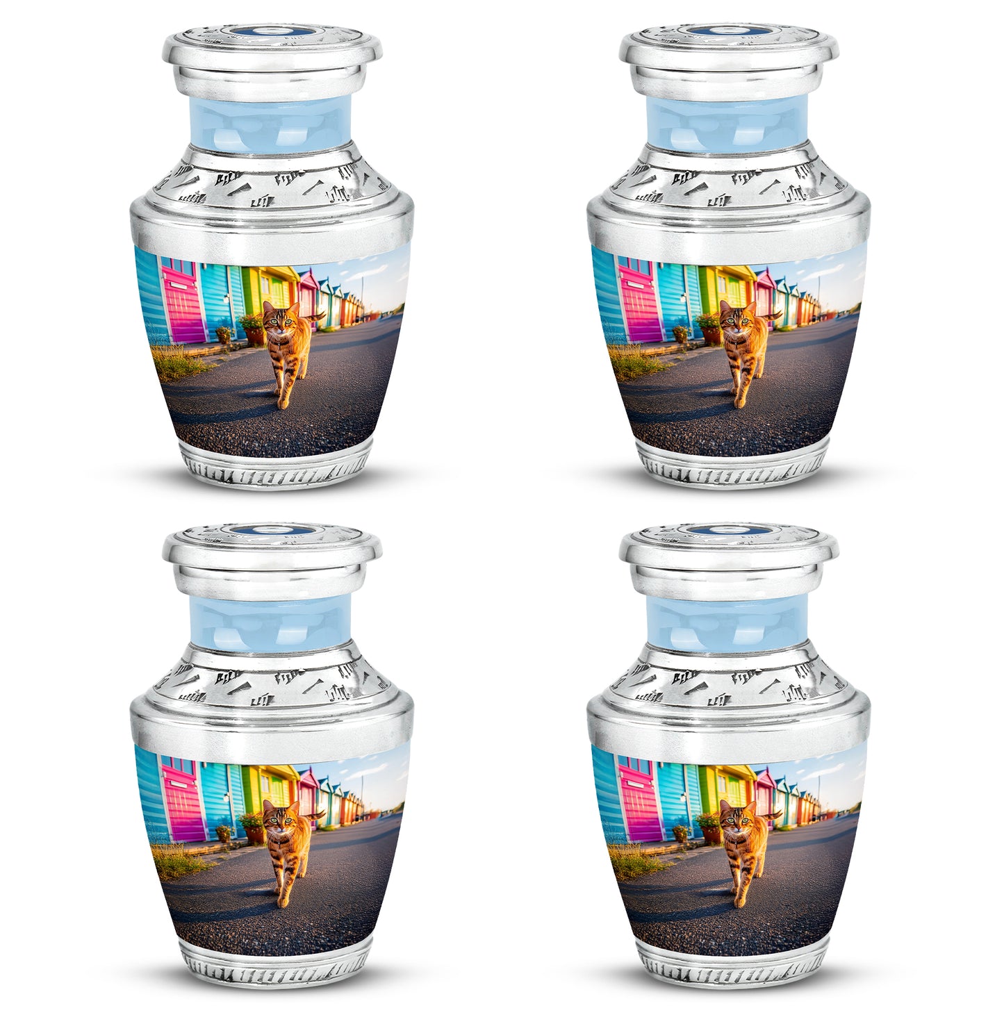 Jewel Teal Cat Cremation Urn back view with polished surface - contemporary cat design with modern artistic flair - 10 inch aluminum urn for cremated remains