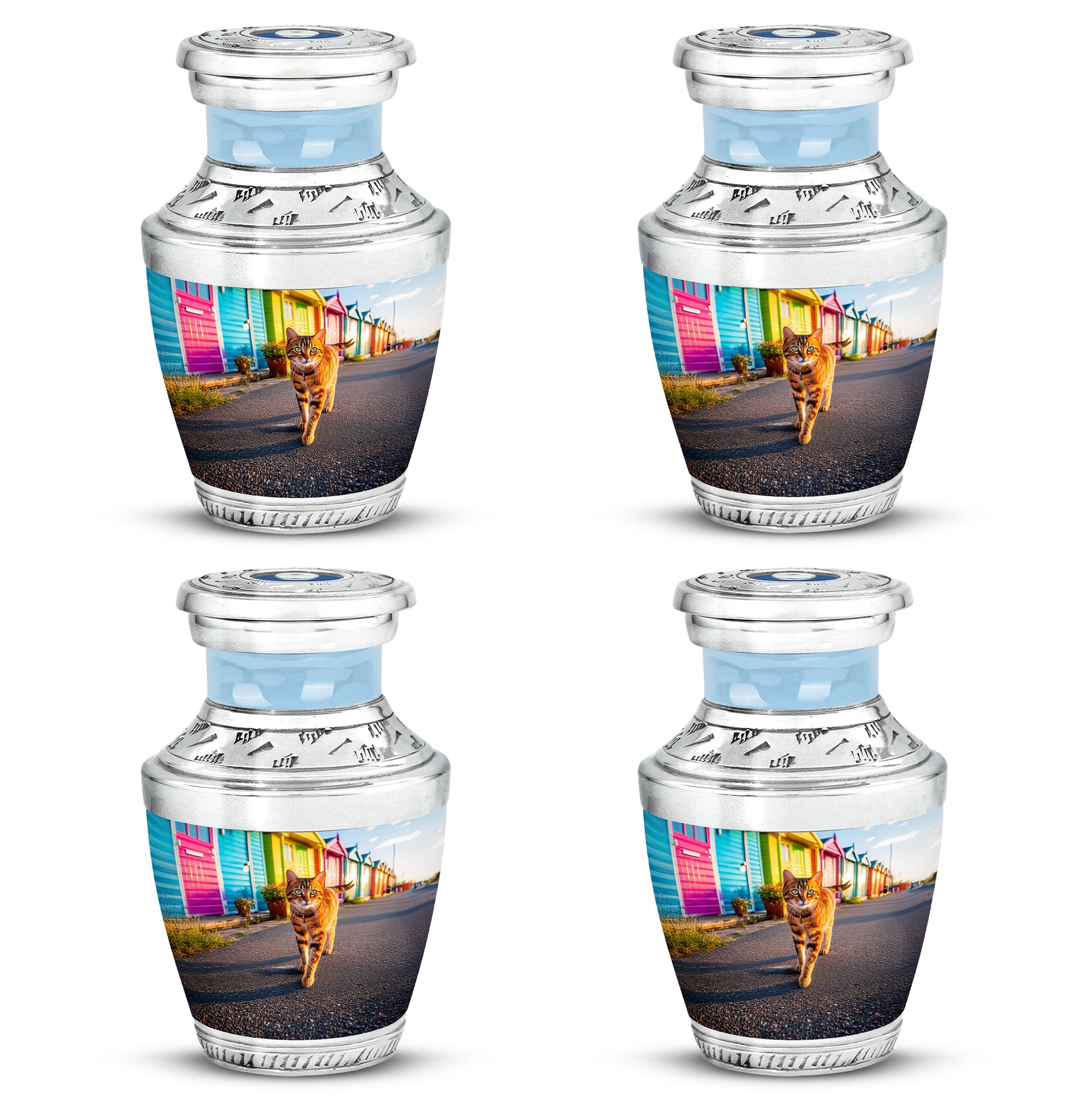 Jewel Teal Cat Cremation Urn back view with polished surface - contemporary cat design with modern artistic flair - 10 inch aluminum urn for cremated remains