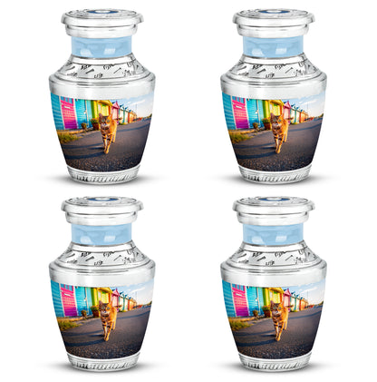 Jewel Teal Cat Cremation Urn back view with polished surface - contemporary cat design with modern artistic flair - 10 inch aluminum urn for cremated remains