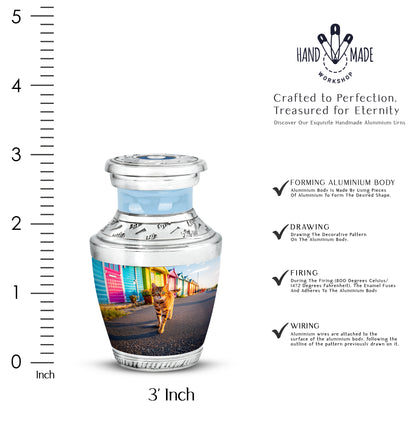 Cool Teal Cat Cremation Urn top-down view of secure threaded lid - modern art-inspired cat motif on sleek aluminum - mini keepsake memorial for portion of cremation ashes