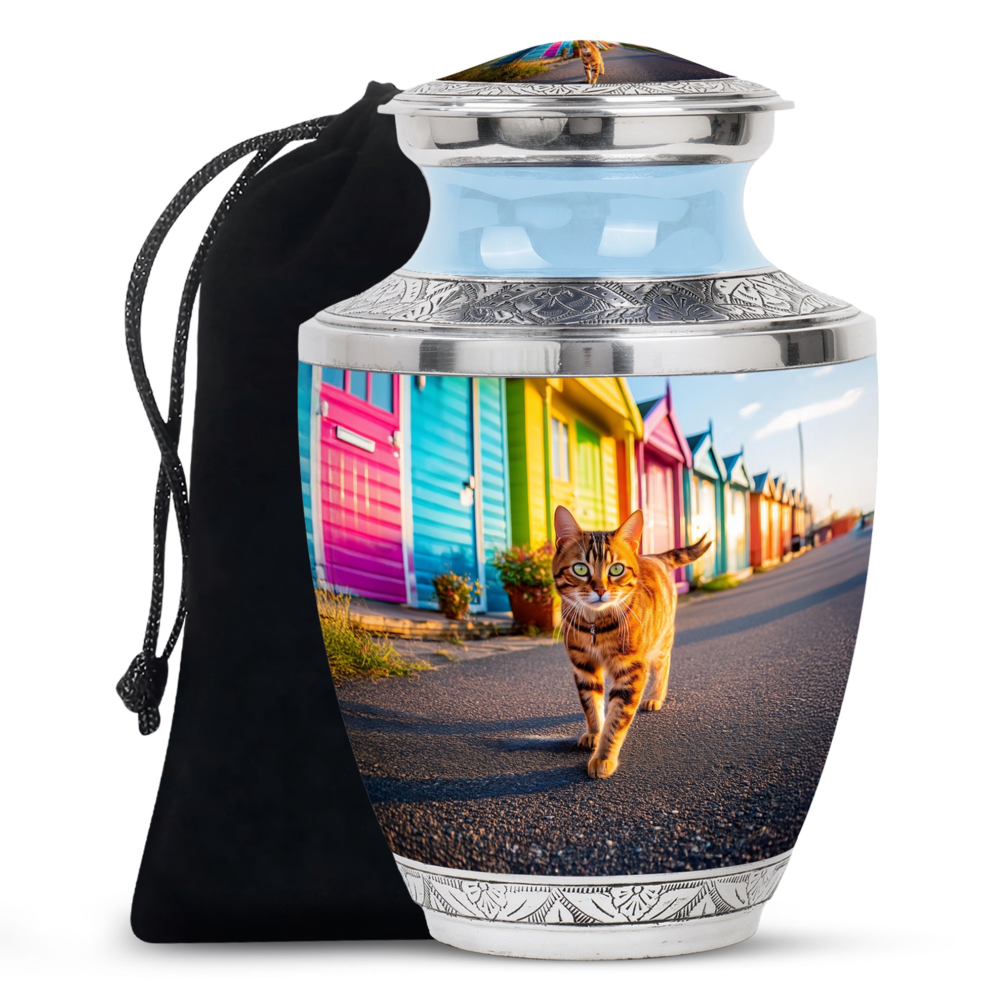 Tropical Teal Cat Cremation Urn side profile showing urn shape - artistic cat interpretation with creative detail - full-size 10 inch 200 cubic inch adult cremation urn