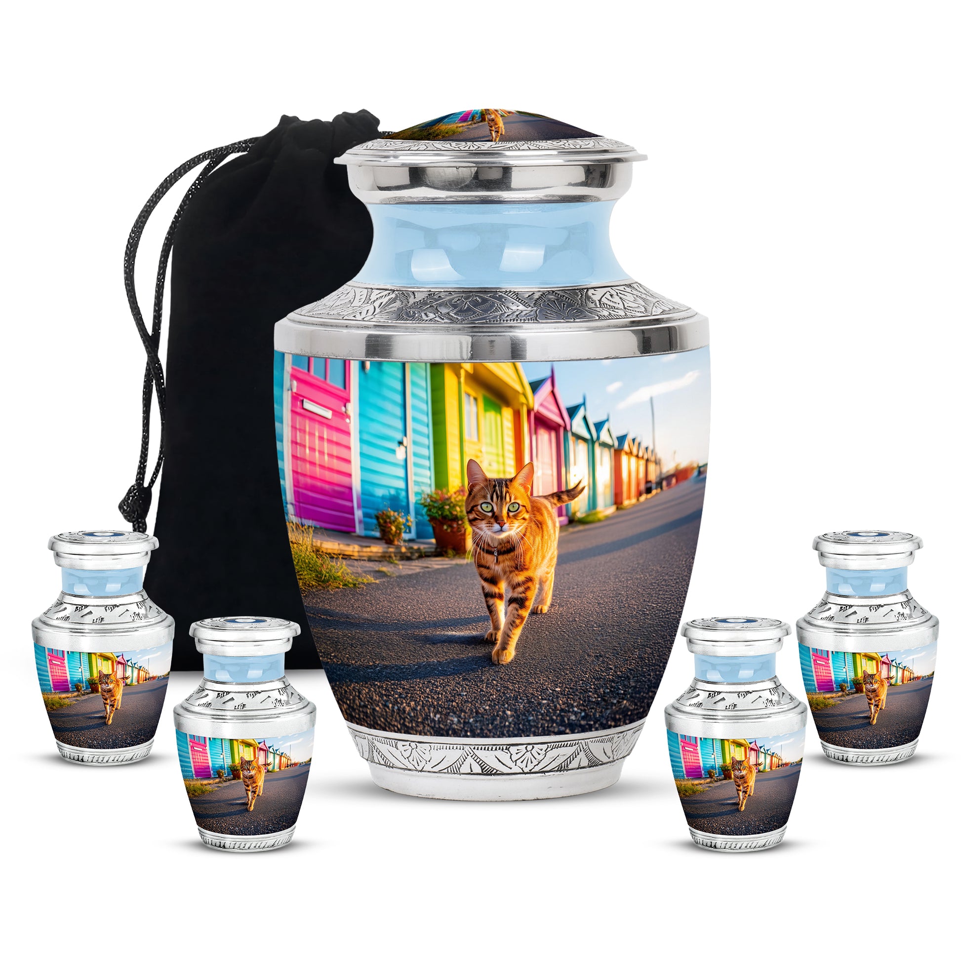 Cool Teal Cat Cremation Urn lifestyle display on memorial shelf - modern art-inspired cat motif on sleek aluminum - memorial set with one large and four small urns