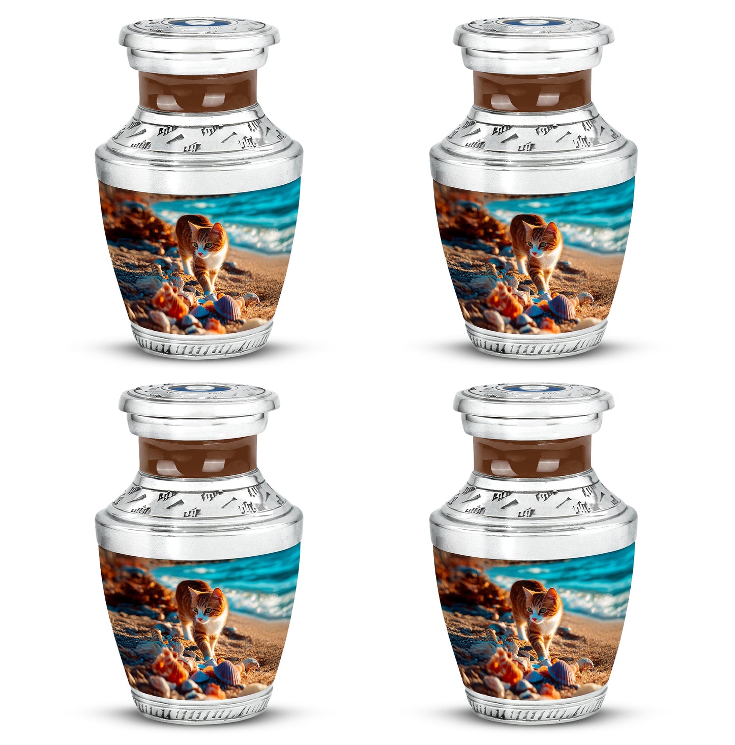 Mystic Teal Cat Cremation Urn back view with polished surface - artistic cat interpretation with creative detail - 10 inch aluminum urn for cremated remains