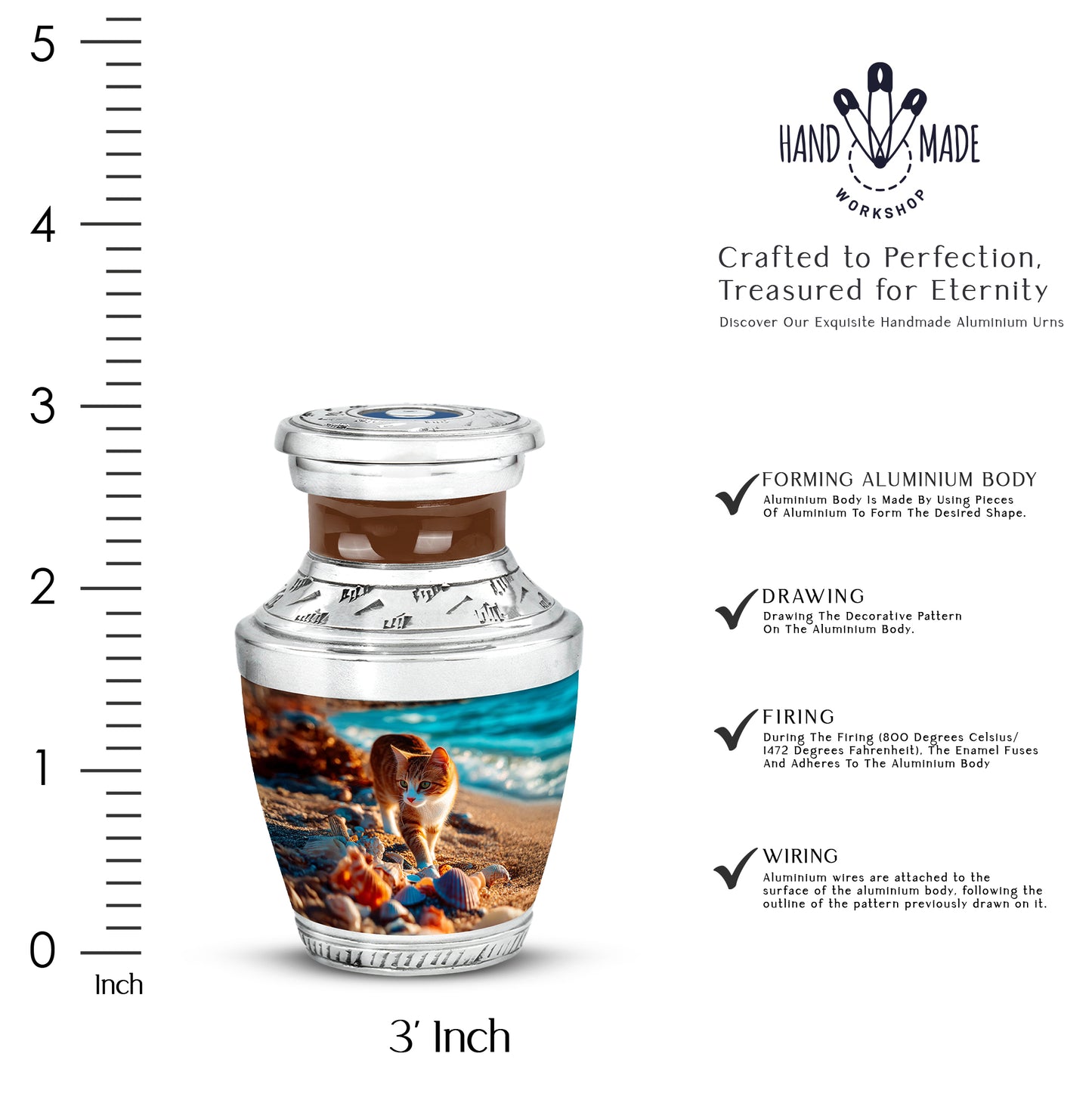 Tropical Teal Cat Cremation Urn top-down view of secure threaded lid - artistic cat interpretation with creative detail - mini keepsake memorial for portion of cremation ashes