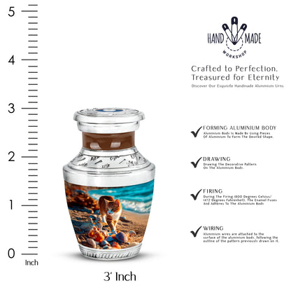 Tropical Teal Cat Cremation Urn top-down view of secure threaded lid - artistic cat interpretation with creative detail - mini keepsake memorial for portion of cremation ashes