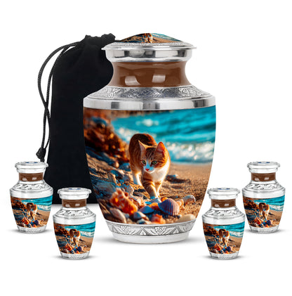 Sea Green Teal Cat Cremation Urn lifestyle display on memorial shelf - contemporary cat design with modern artistic flair - memorial set with one large and four small urns