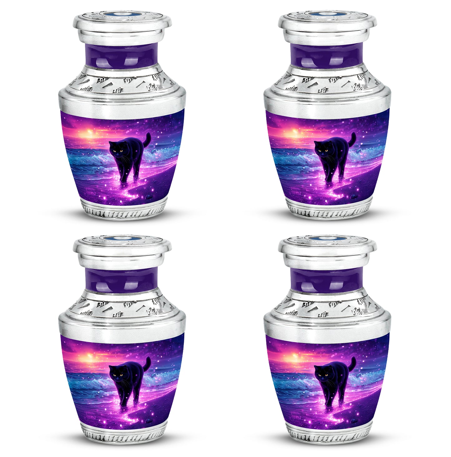 Orchid Purple Cat Cremation Urn back view with polished surface - contemporary cat design with modern artistic flair - 10 inch aluminum urn for cremated remains