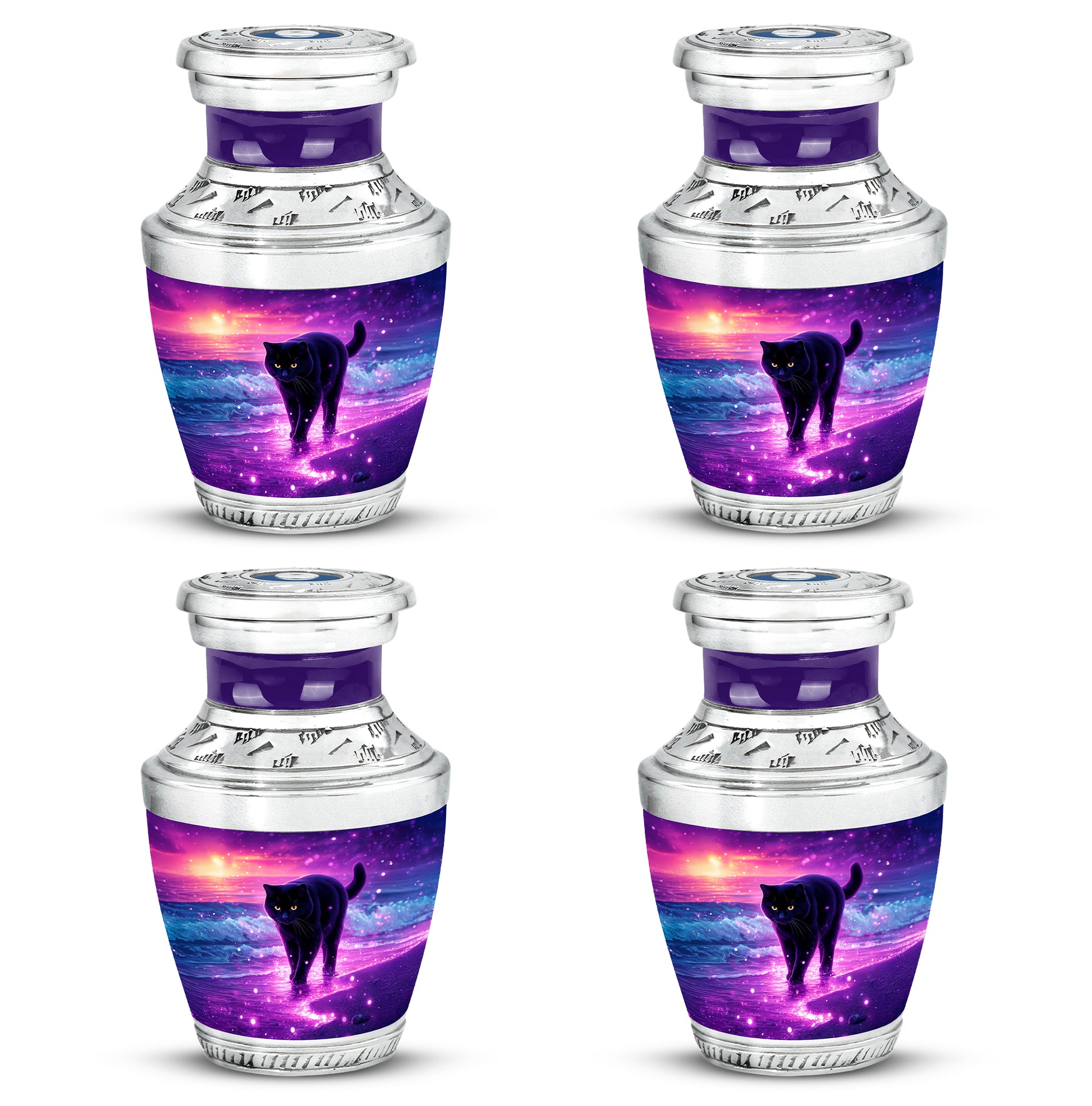 Orchid Purple Cat Cremation Urn back view with polished surface - contemporary cat design with modern artistic flair - 10 inch aluminum urn for cremated remains