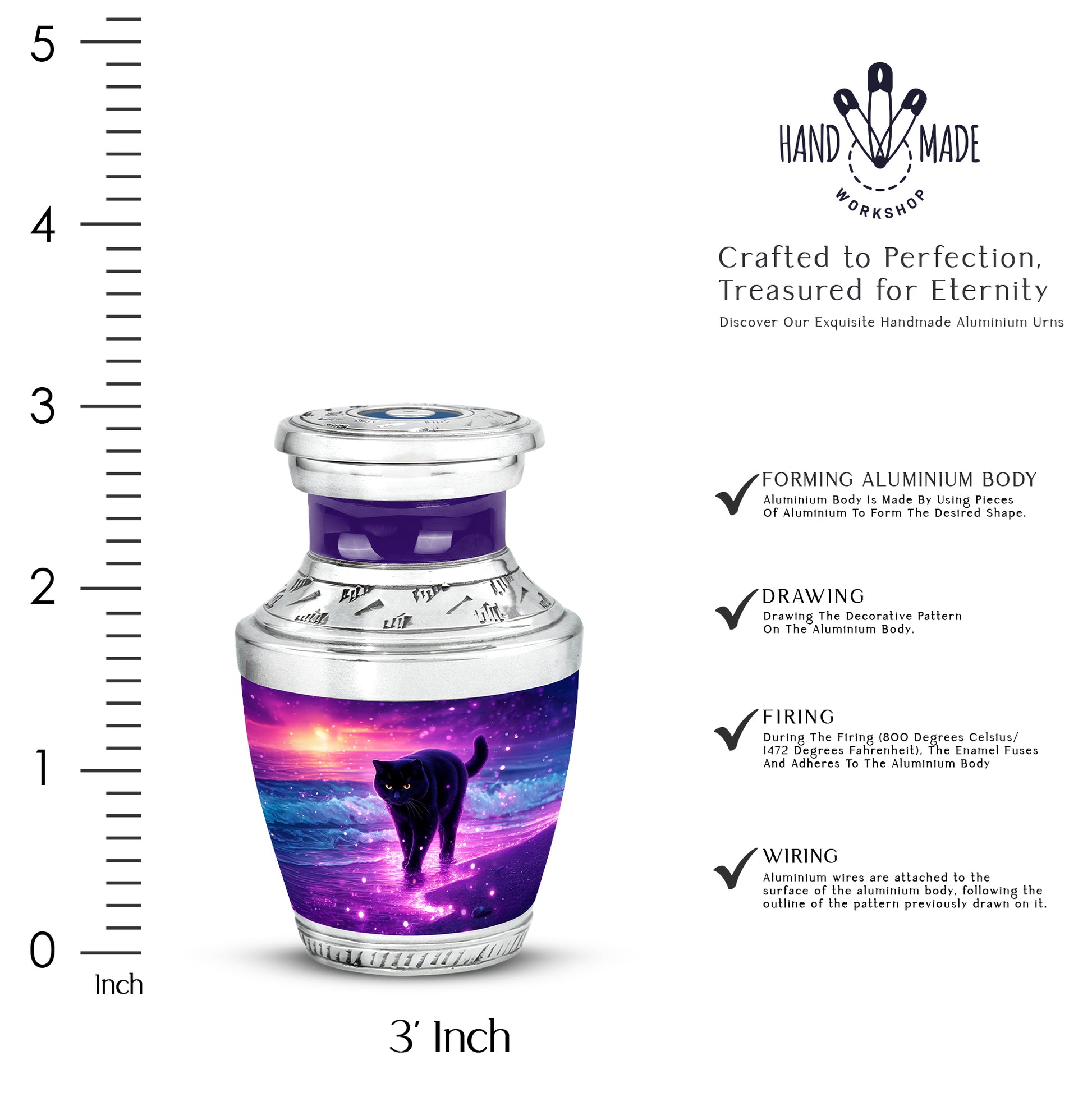 Twilight Purple Cat Cremation Urn top-down view of secure threaded lid - stylized abstract cat pattern with bold lines - mini keepsake memorial for portion of cremation ashes
