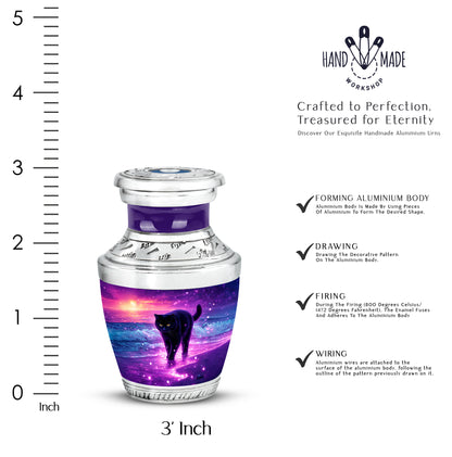 Twilight Purple Cat Cremation Urn top-down view of secure threaded lid - stylized abstract cat pattern with bold lines - mini keepsake memorial for portion of cremation ashes