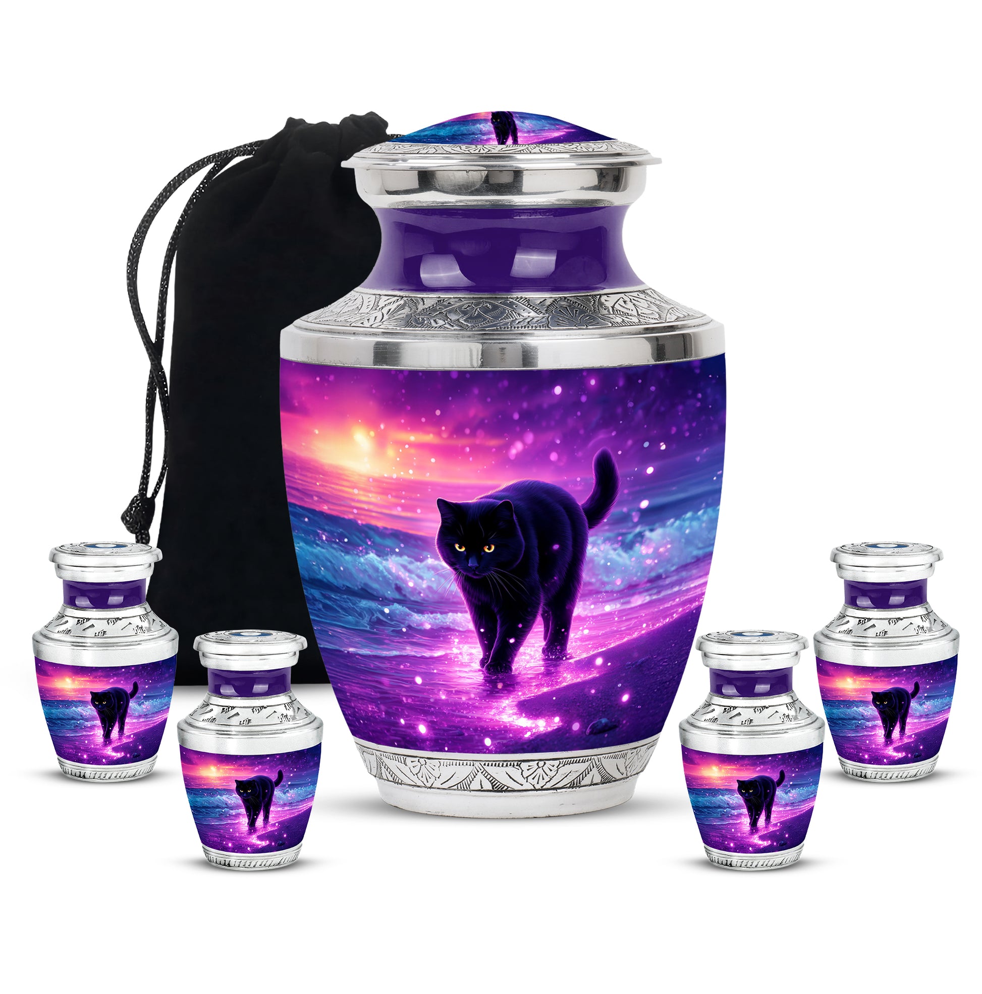 Plum Purple Cat Cremation Urn lifestyle display on memorial shelf - contemporary cat design with modern artistic flair - memorial set with one large and four small urns