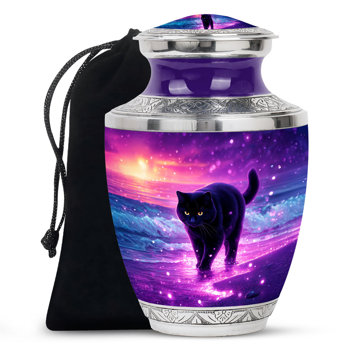 Plum Purple Cat Cremation Urn side profile showing urn shape - contemporary cat design with modern artistic flair - full-size 10 inch 200 cubic inch adult cremation urn