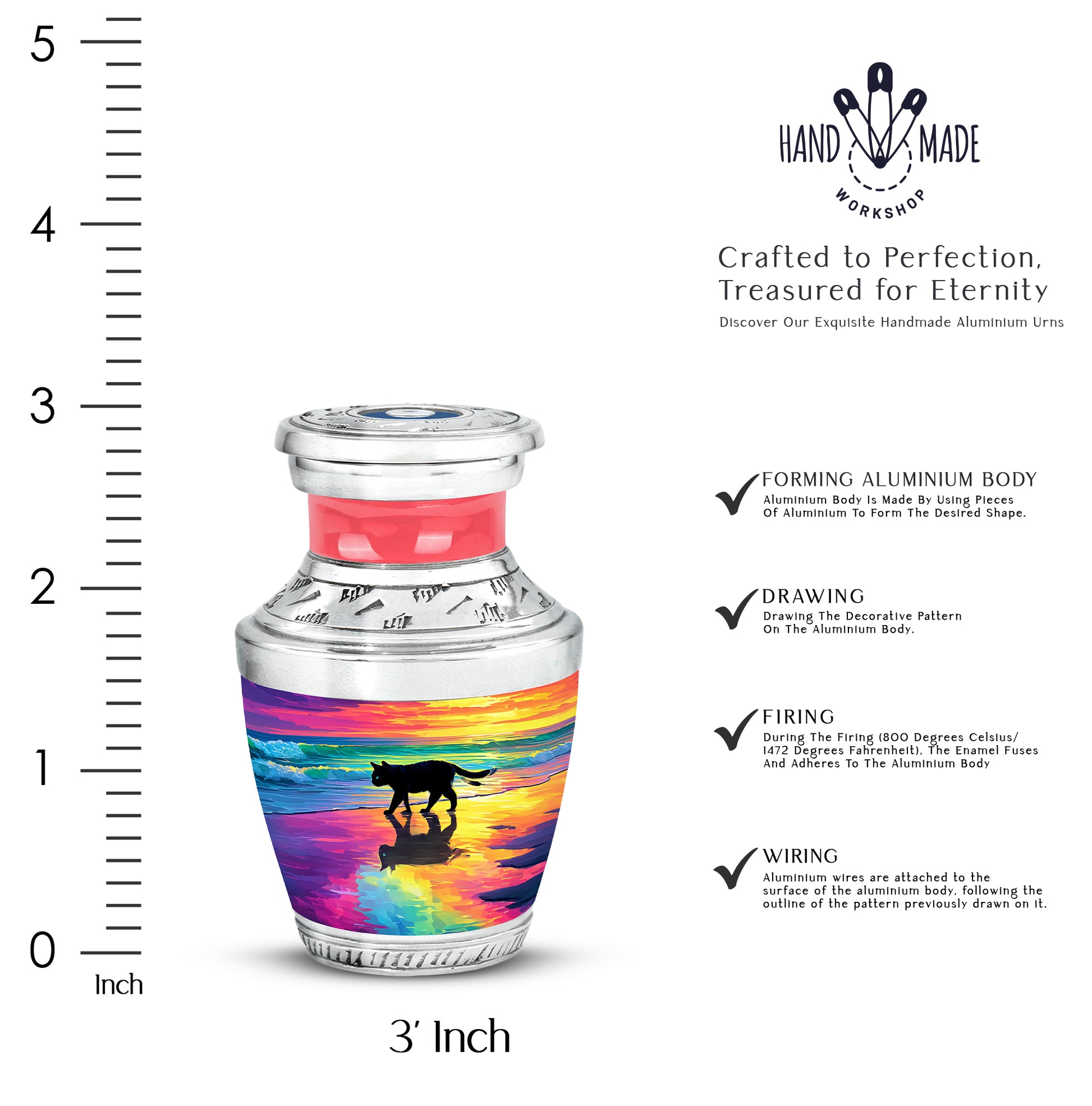 Wine Red Cat Cremation Urn top-down view of secure threaded lid - modern art-inspired cat motif on sleek aluminum - mini keepsake memorial for portion of cremation ashes
