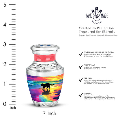 Wine Red Cat Cremation Urn top-down view of secure threaded lid - modern art-inspired cat motif on sleek aluminum - mini keepsake memorial for portion of cremation ashes