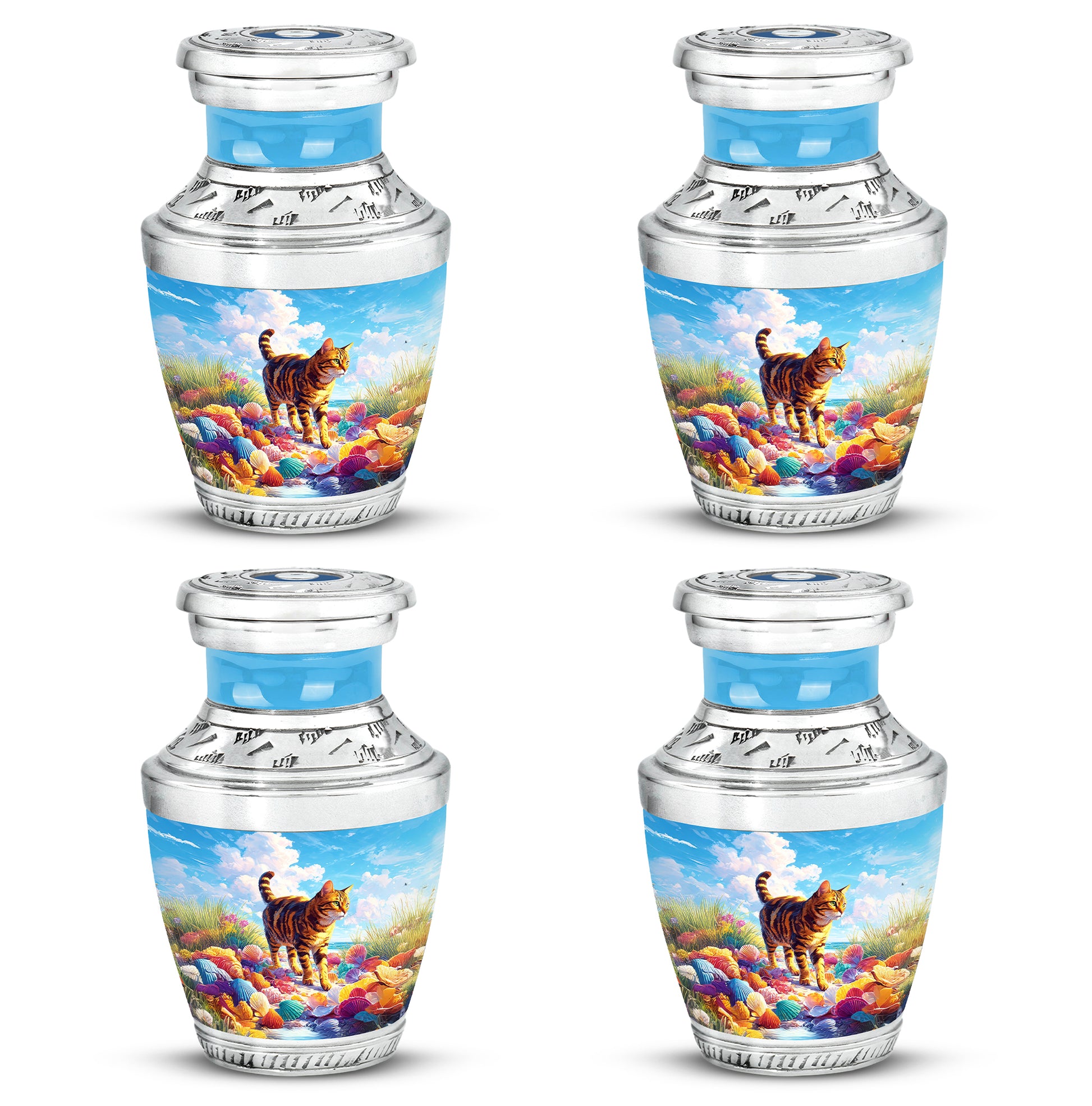 Cornflower Blue Cat Cremation Urn back view with polished surface - artistic cat interpretation with creative detail - 10 inch aluminum urn for cremated remains