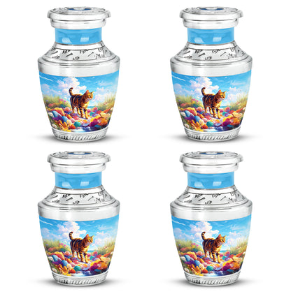 Cornflower Blue Cat Cremation Urn back view with polished surface - artistic cat interpretation with creative detail - 10 inch aluminum urn for cremated remains
