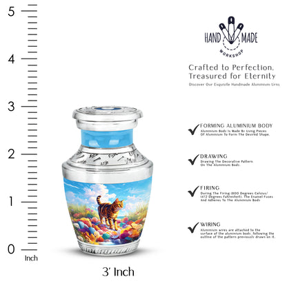 Cobalt Blue Cat Cremation Urn top-down view of secure threaded lid - stylized abstract cat pattern with bold lines - mini keepsake memorial for portion of cremation ashes