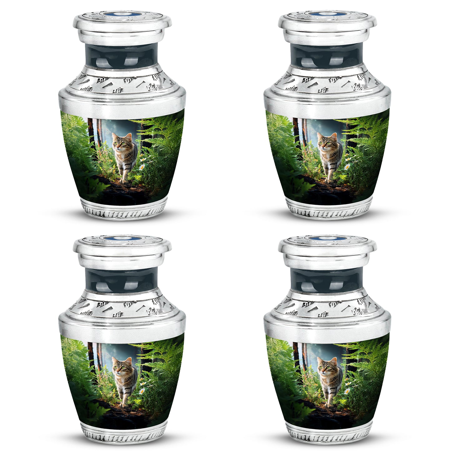 Jet Black Cat Cremation Urn back view with polished surface - modern art-inspired cat motif on sleek aluminum - 10 inch aluminum urn for cremated remains