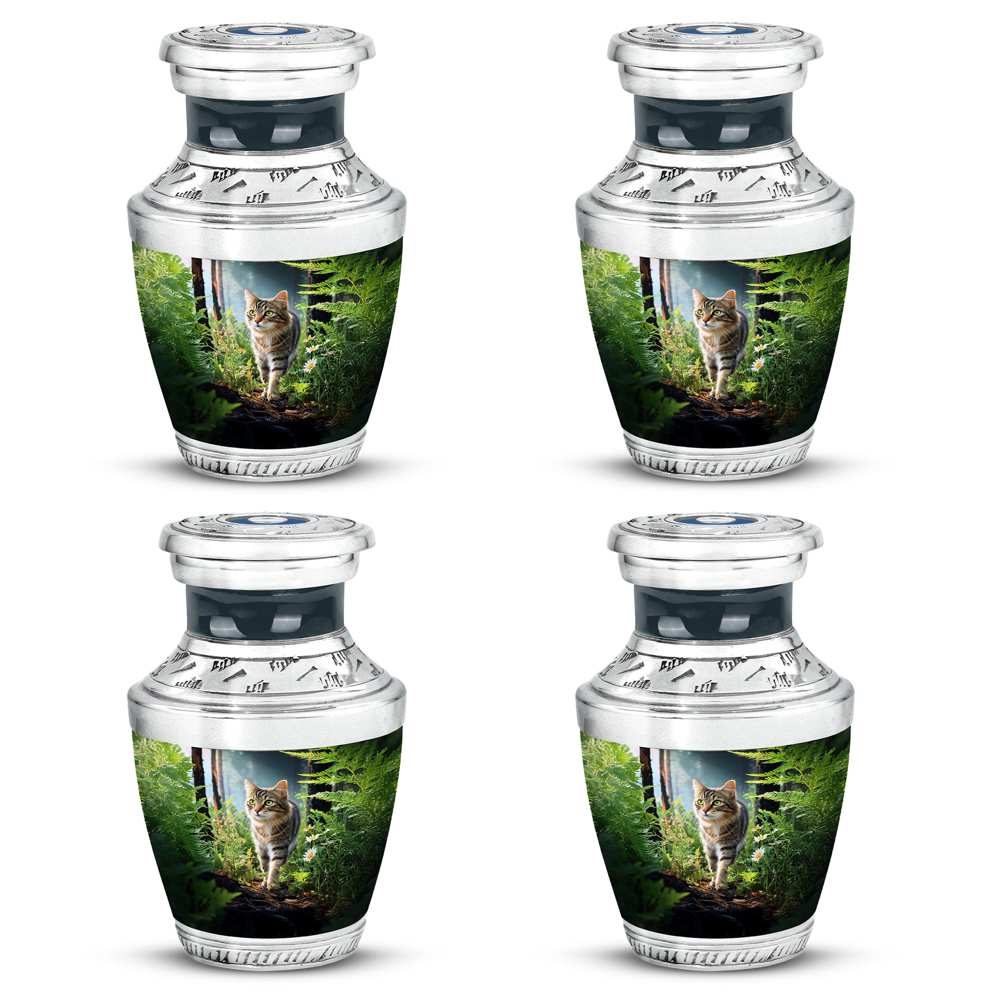 Jet Black Cat Cremation Urn back view with polished surface - modern art-inspired cat motif on sleek aluminum - 10 inch aluminum urn for cremated remains