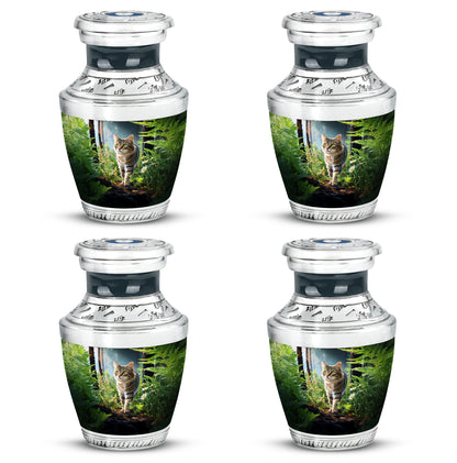 Jet Black Cat Cremation Urn back view with polished surface - modern art-inspired cat motif on sleek aluminum - 10 inch aluminum urn for cremated remains