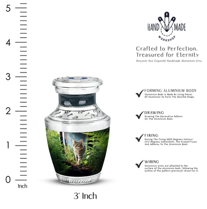 Midnight Black Cat Cremation Urn top-down view of secure threaded lid - stylized abstract cat pattern with bold lines - mini keepsake memorial for portion of cremation ashes