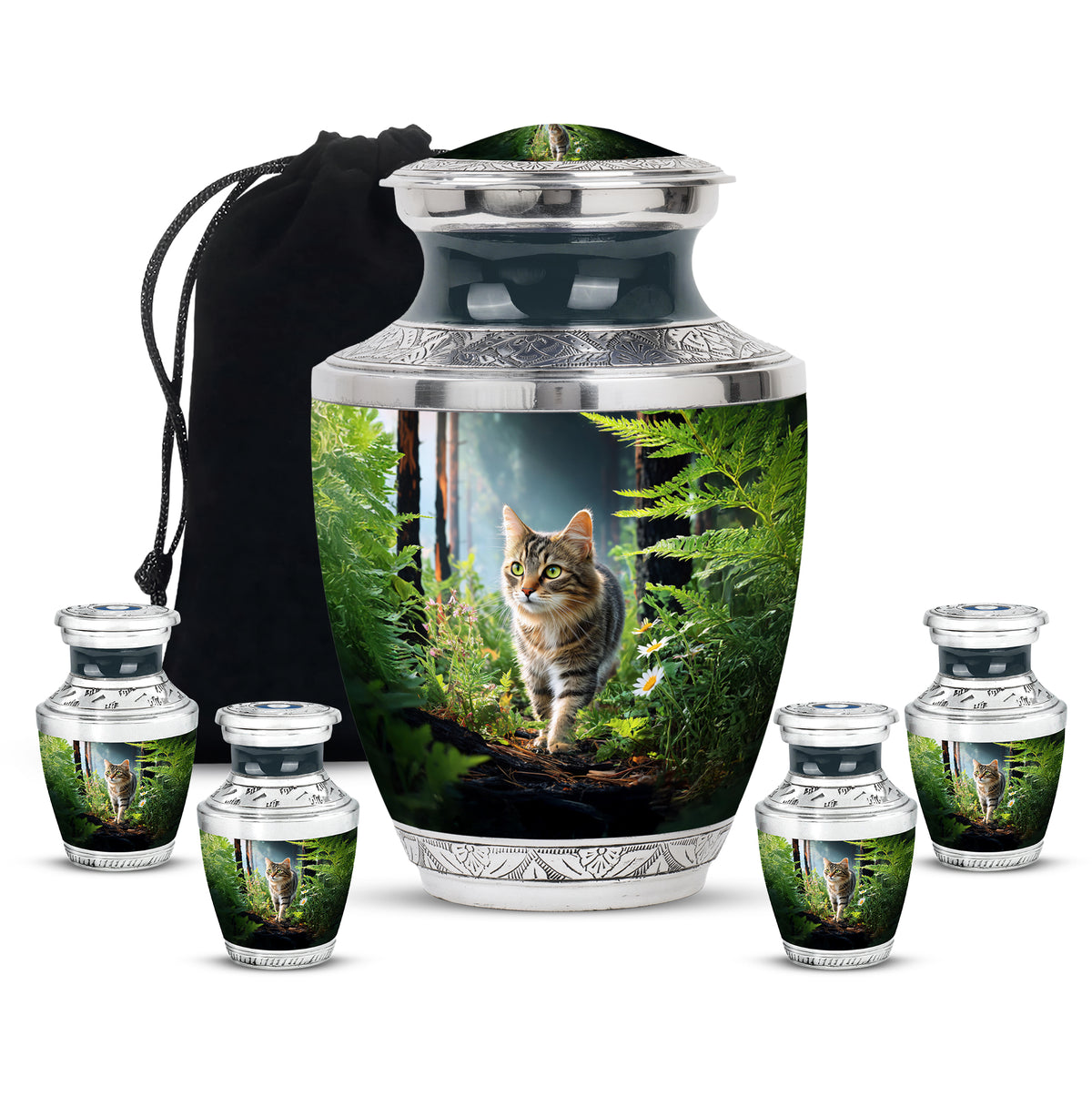 Dark Black Cat Cremation Urn lifestyle display on memorial shelf - stylized abstract cat pattern with bold lines - memorial set with one large and four small urns
