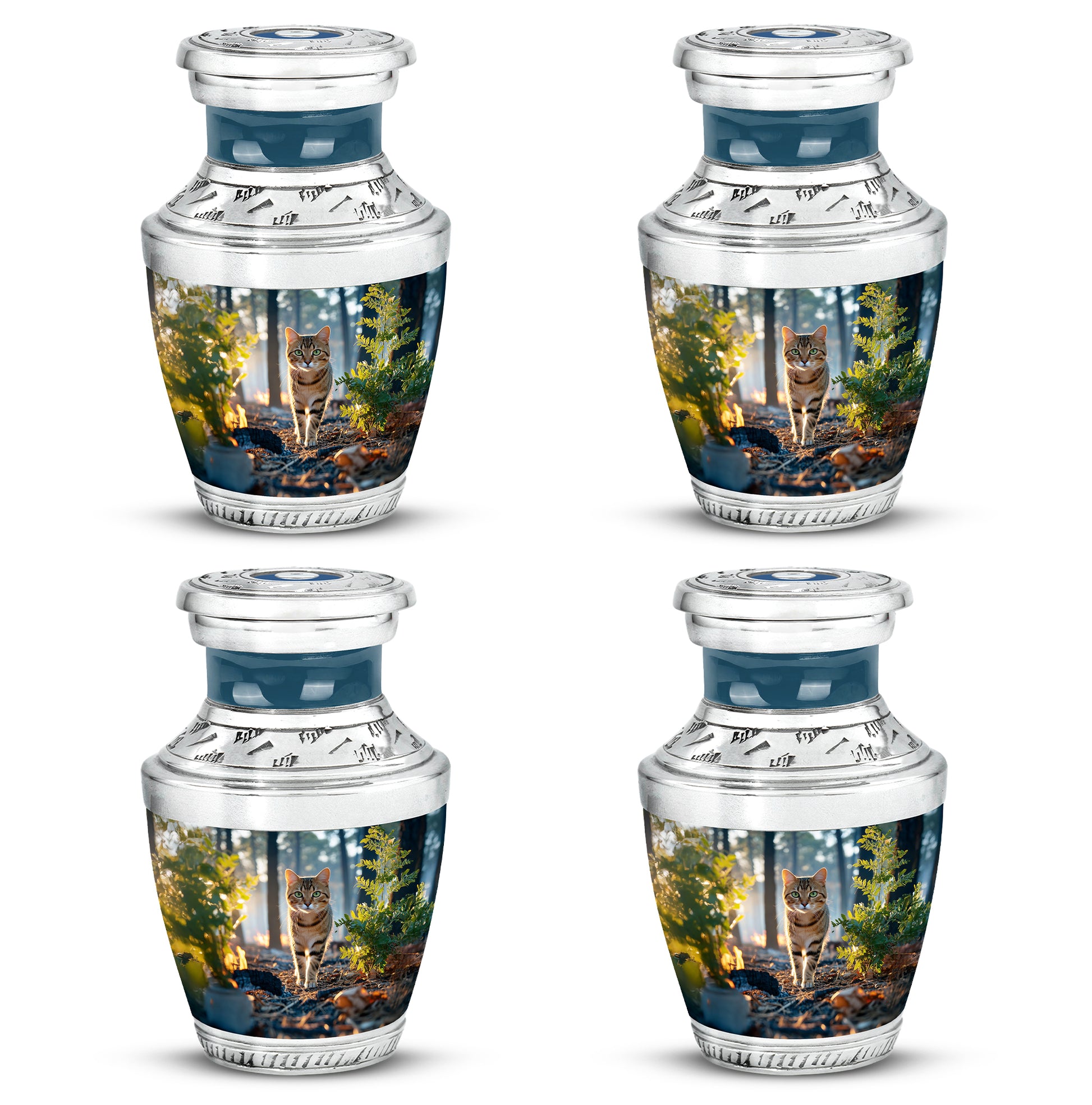Misty Blue Cat Cremation Urn back view with polished surface - contemporary cat design with modern artistic flair - 10 inch aluminum urn for cremated remains
