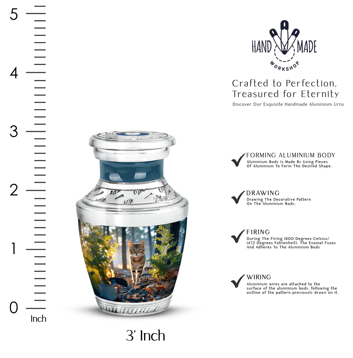 Navy Blue Cat Cremation Urn top-down view of secure threaded lid - modern art-inspired cat motif on sleek aluminum - mini keepsake memorial for portion of cremation ashes