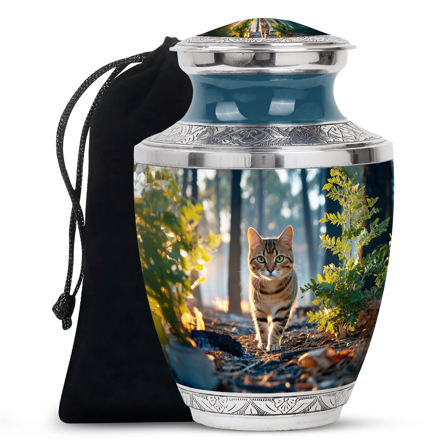 Cobalt Blue Cat Cremation Urn side profile showing urn shape - artistic cat interpretation with creative detail - full-size 10 inch 200 cubic inch adult cremation urn