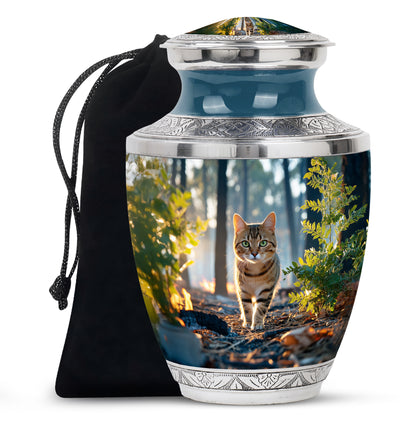 Cobalt Blue Cat Cremation Urn side profile showing urn shape - artistic cat interpretation with creative detail - full-size 10 inch 200 cubic inch adult cremation urn