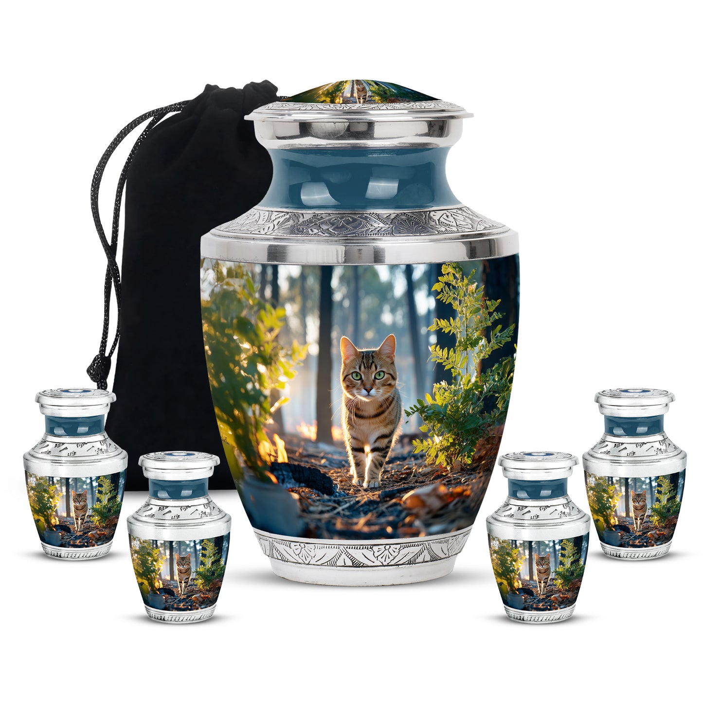 Azure Cat Cremation Urn lifestyle display on memorial shelf - contemporary cat design with modern artistic flair - memorial set with one large and four small urns