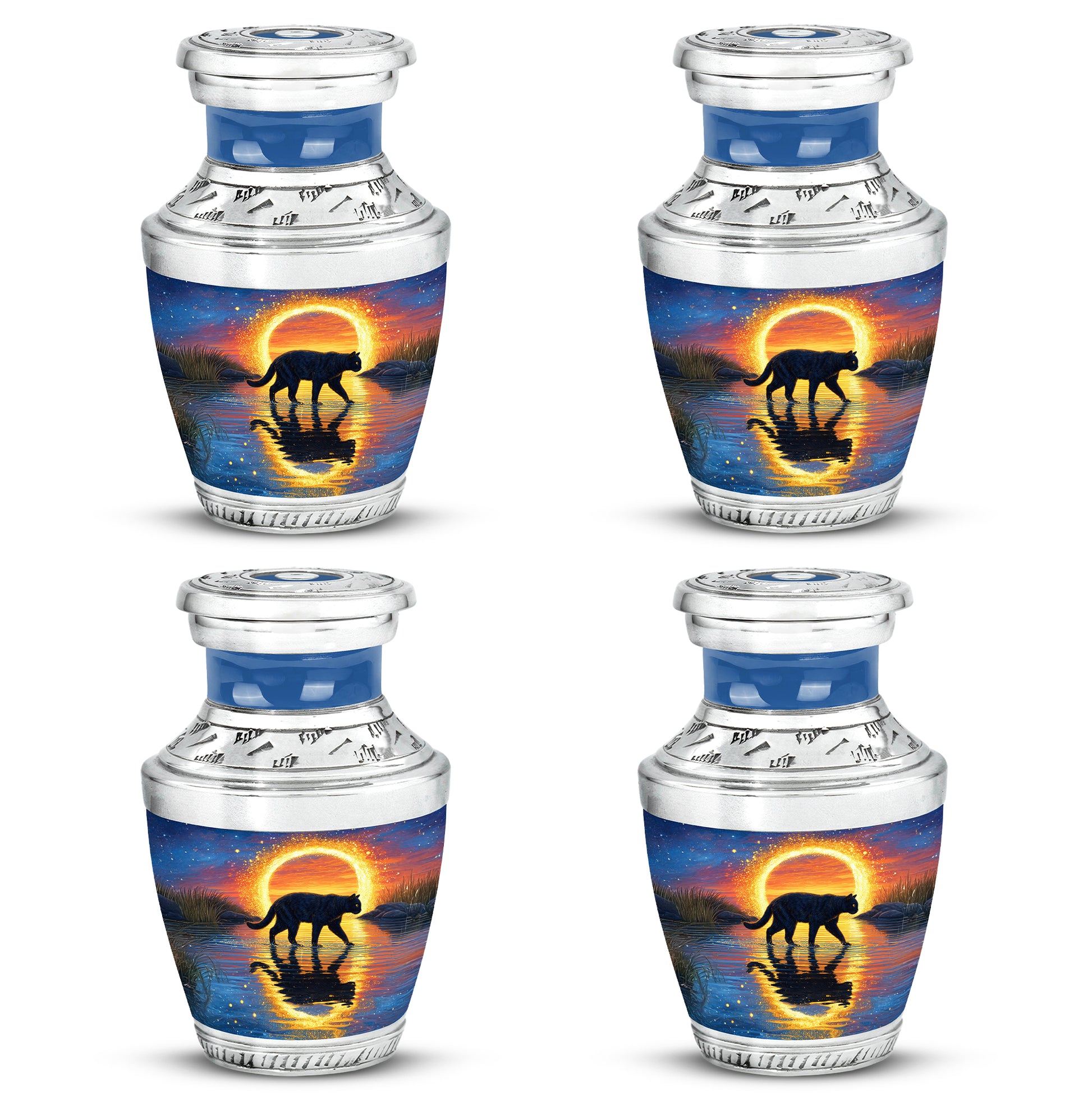 Pastel Blue Cat Cremation Urn back view with polished surface - contemporary cat design with modern artistic flair - 10 inch aluminum urn for cremated remains