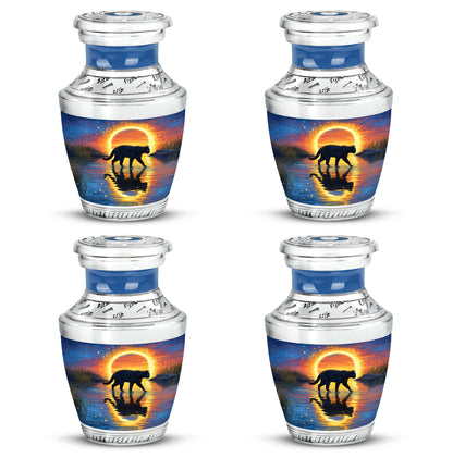 Pastel Blue Cat Cremation Urn back view with polished surface - contemporary cat design with modern artistic flair - 10 inch aluminum urn for cremated remains