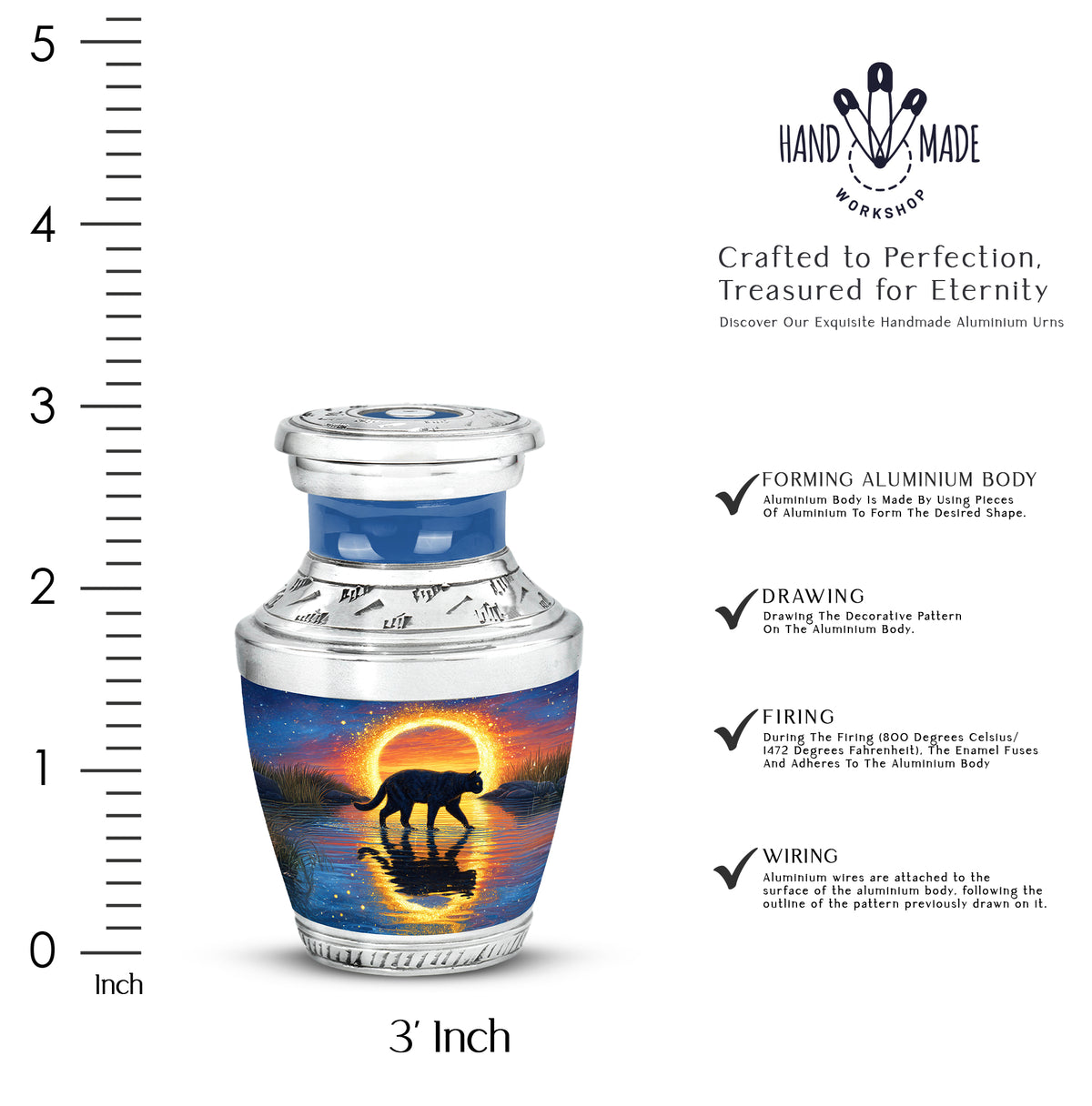 Sapphire Blue Cat Cremation Urn top-down view of secure threaded lid - stylized abstract cat pattern with bold lines - mini keepsake memorial for portion of cremation ashes
