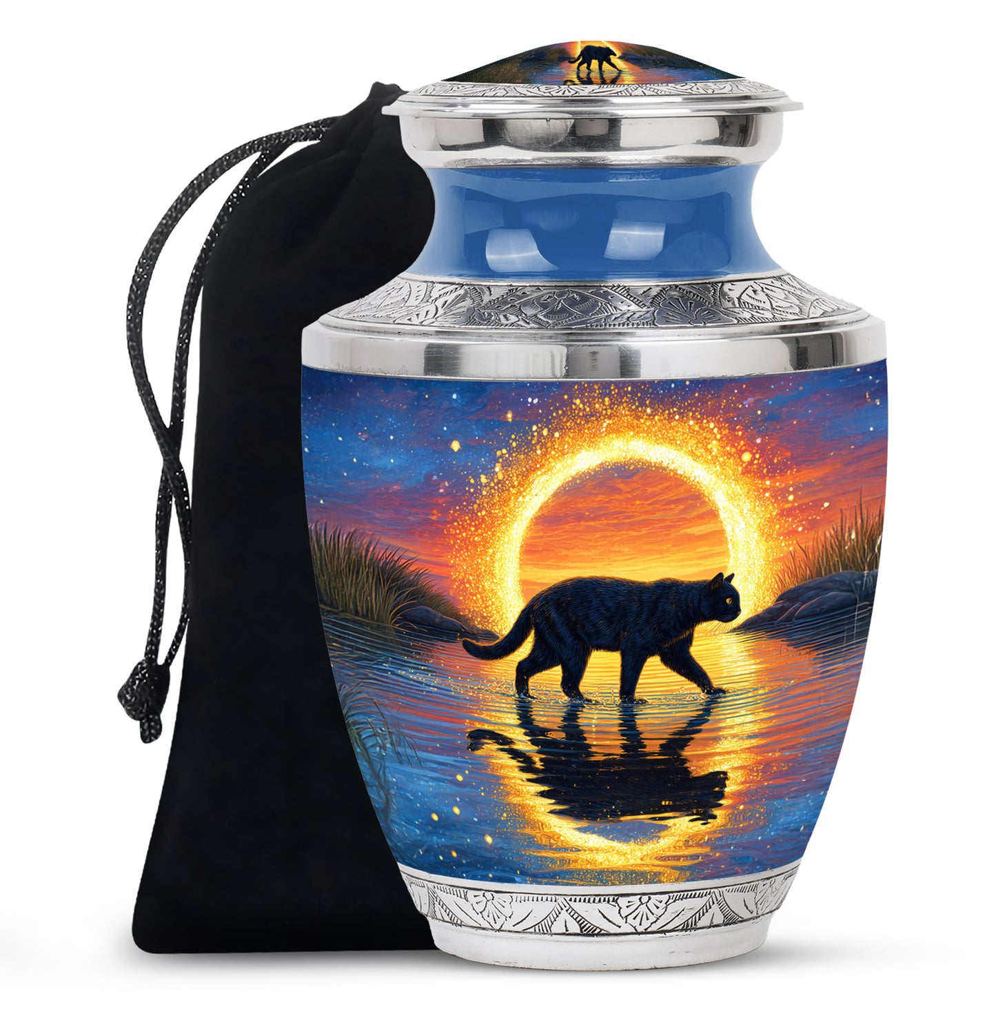 Celestial Blue Cat Cremation Urn side profile showing urn shape - contemporary cat design with modern artistic flair - full-size 10 inch 200 cubic inch adult cremation urn