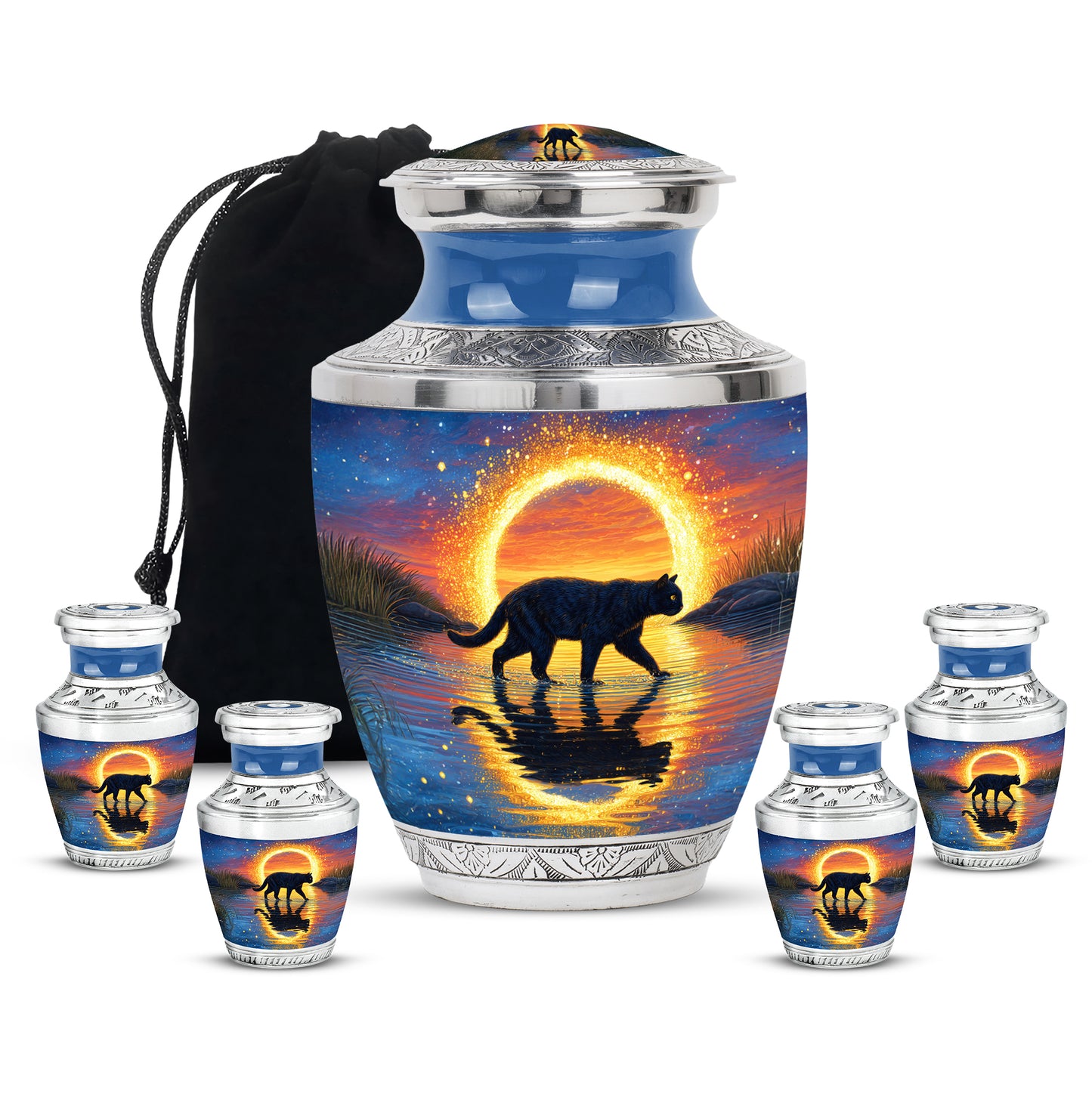 Steel Blue Cat Cremation Urn lifestyle display on memorial shelf - artistic cat interpretation with creative detail - memorial set with one large and four small urns