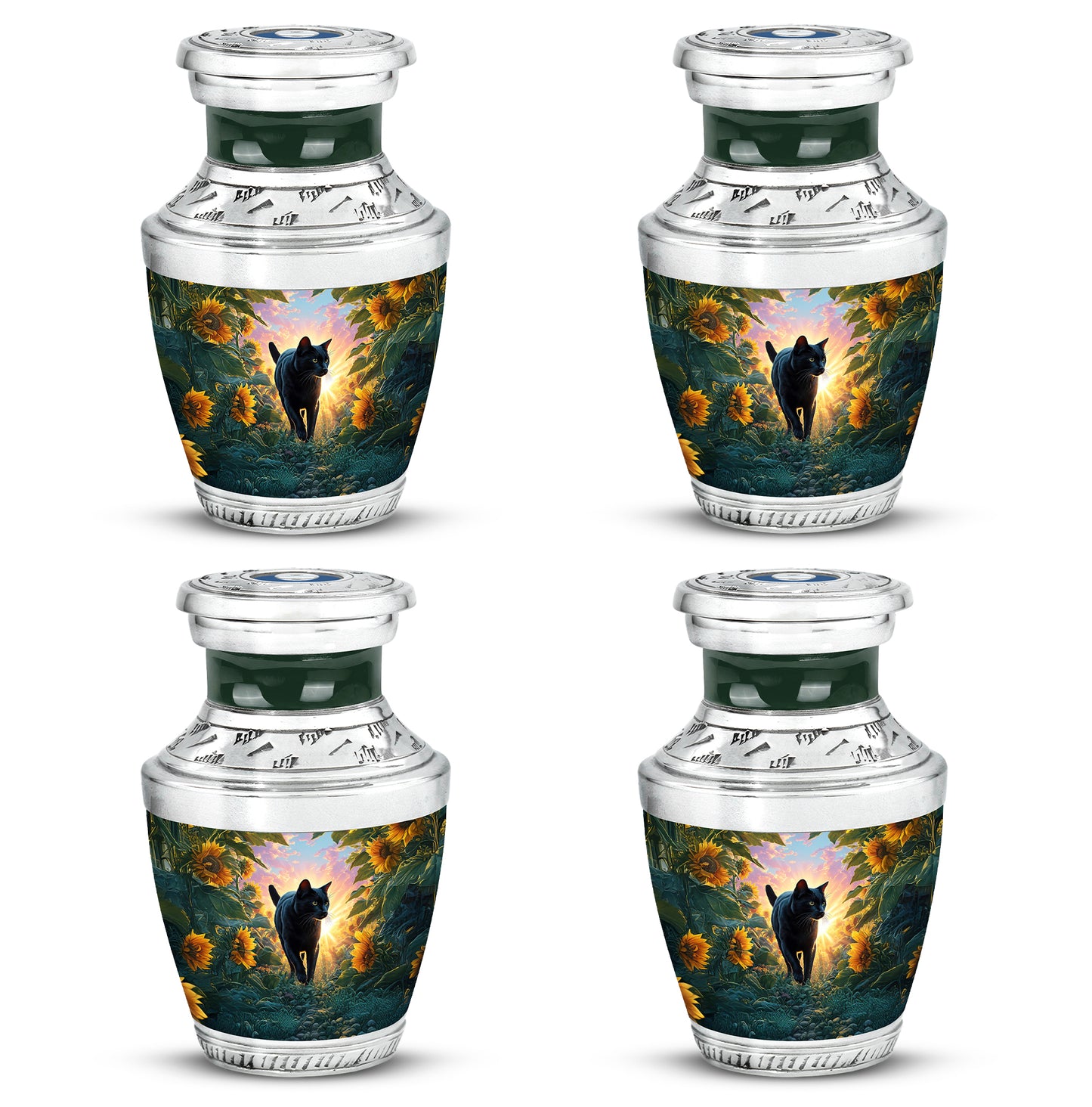 Powder Blue Cat Cremation Urn back view with polished surface - contemporary cat design with modern artistic flair - 10 inch aluminum urn for cremated remains