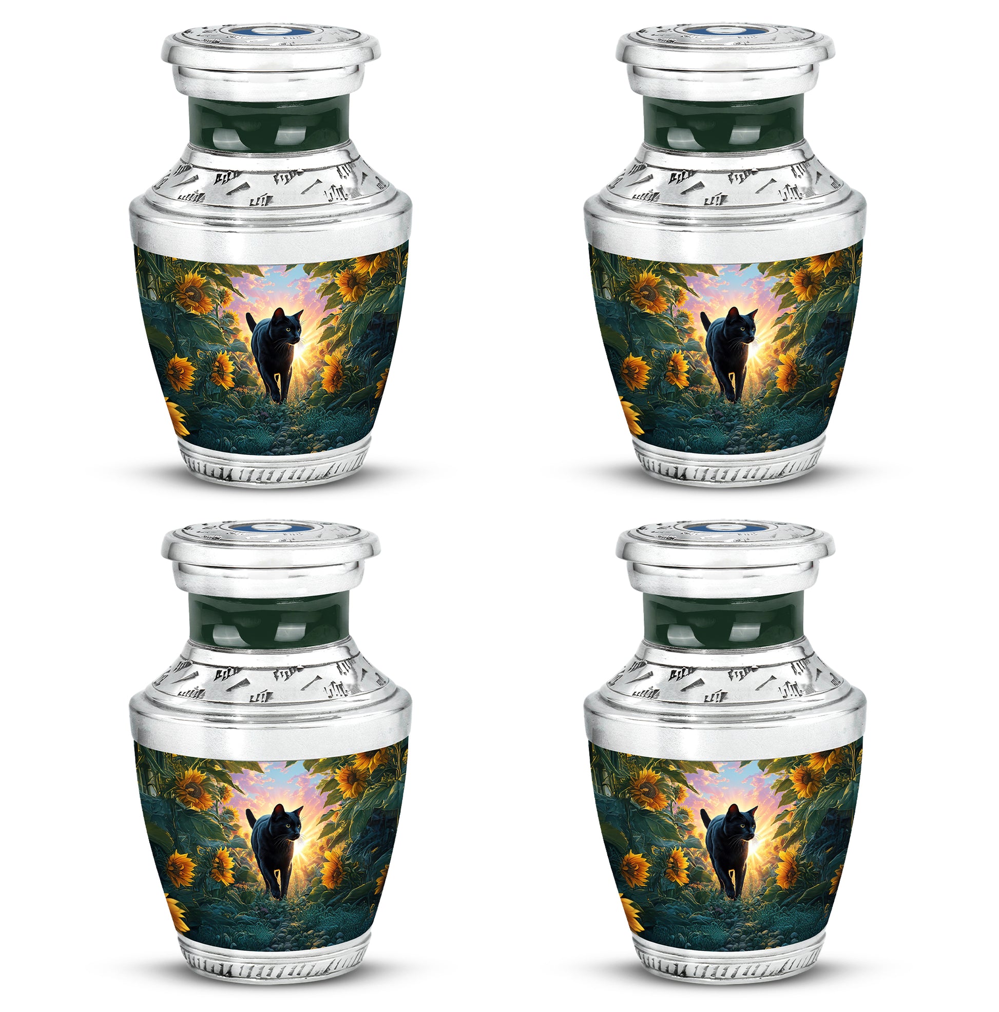 Powder Blue Cat Cremation Urn back view with polished surface - contemporary cat design with modern artistic flair - 10 inch aluminum urn for cremated remains