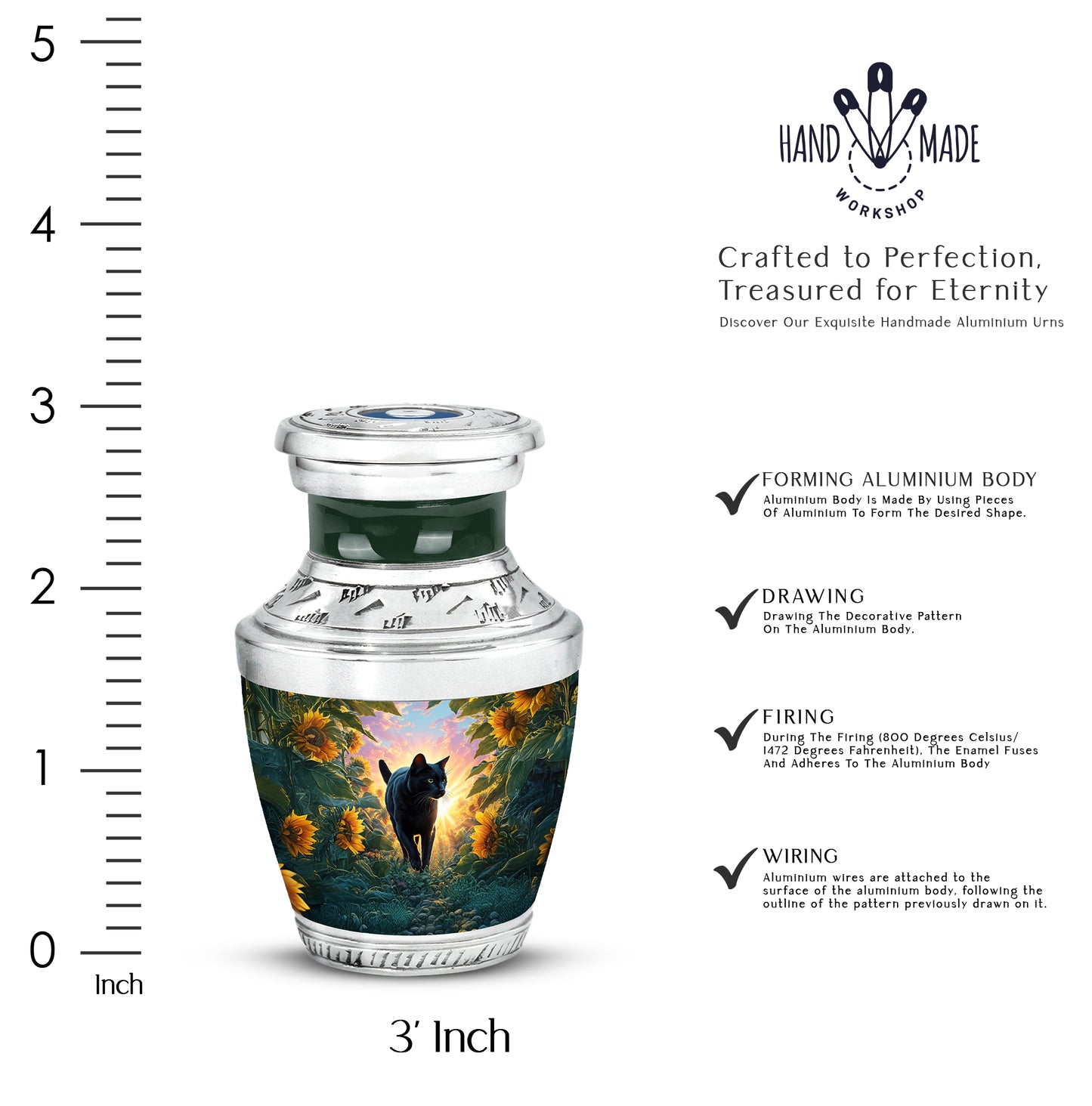 Navy Blue Cat Cremation Urn top-down view of secure threaded lid - modern art-inspired cat motif on sleek aluminum - mini keepsake memorial for portion of cremation ashes